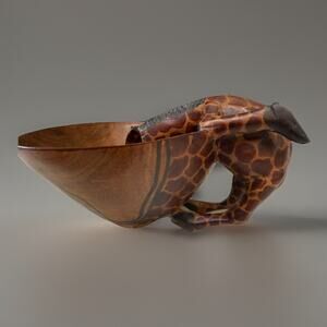 Hand Carved Kenya Wooden Trinket Candy Bowl Giraffe 8"X6”X"3.25"